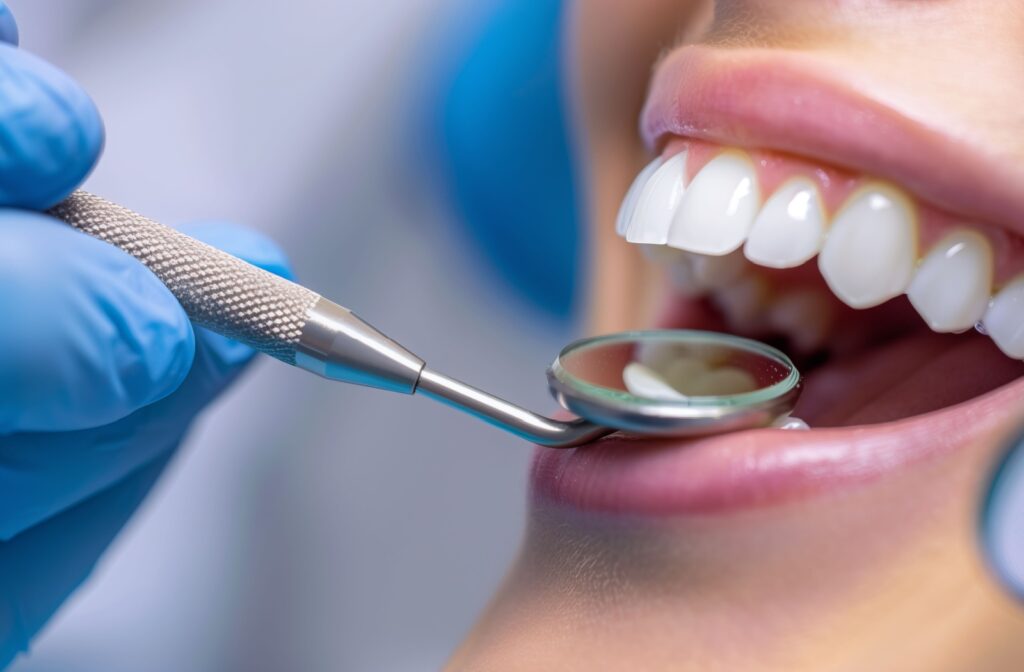 A close up of a dental patient's mouth with a dental mirror resting on the bottom lip.
