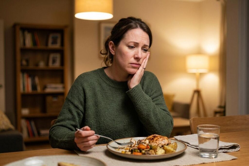 Adult sits at a dining table holding a fork, resting a hand against one cheek and looking down at a plate of food with a glass of water.