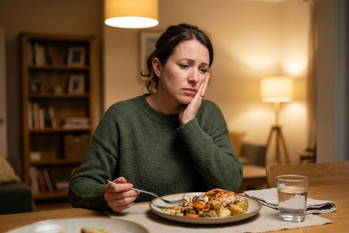 Adult sits at a dining table holding a fork, resting a hand against one cheek and looking down at a plate of food with a glass of water.