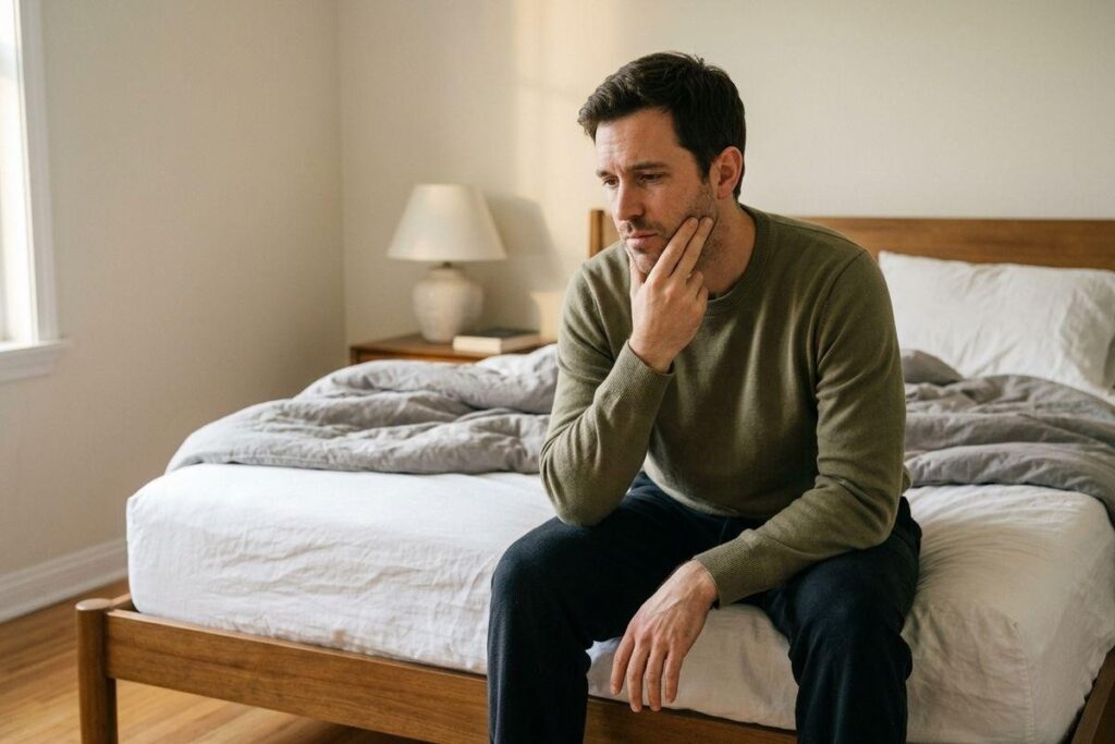 Adult sitting on the edge of a bed, hand resting on the jaw, looking down with a concerned expression in a bedroom.