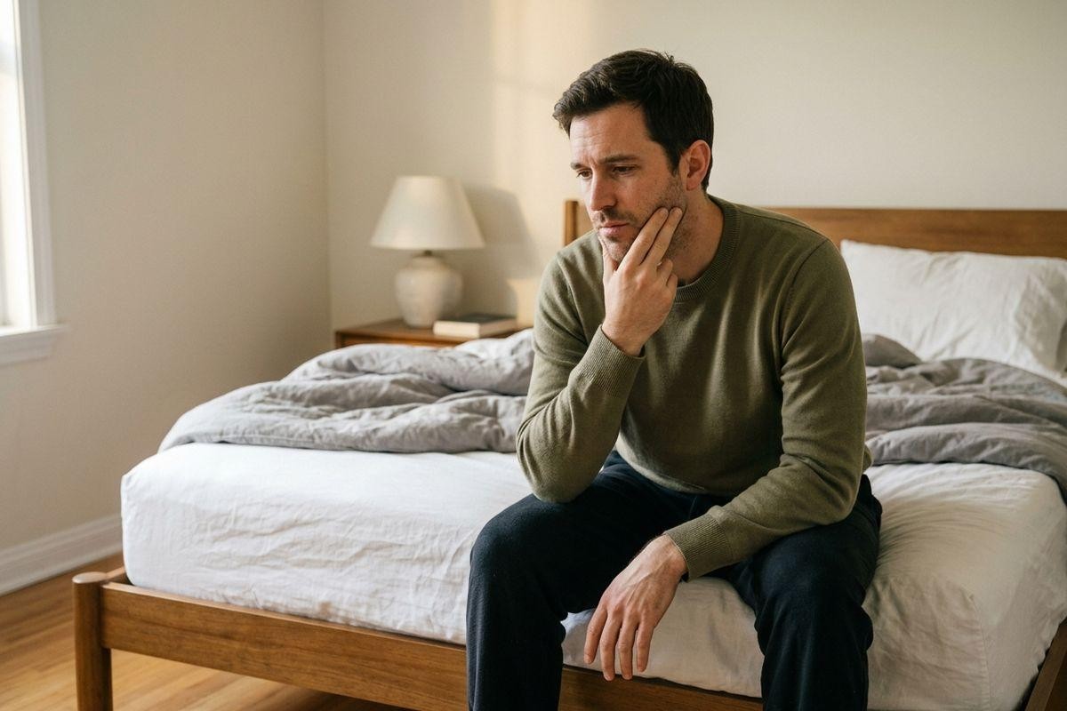 Adult sitting on the edge of a bed, hand resting on the jaw, looking down with a concerned expression in a bedroom.