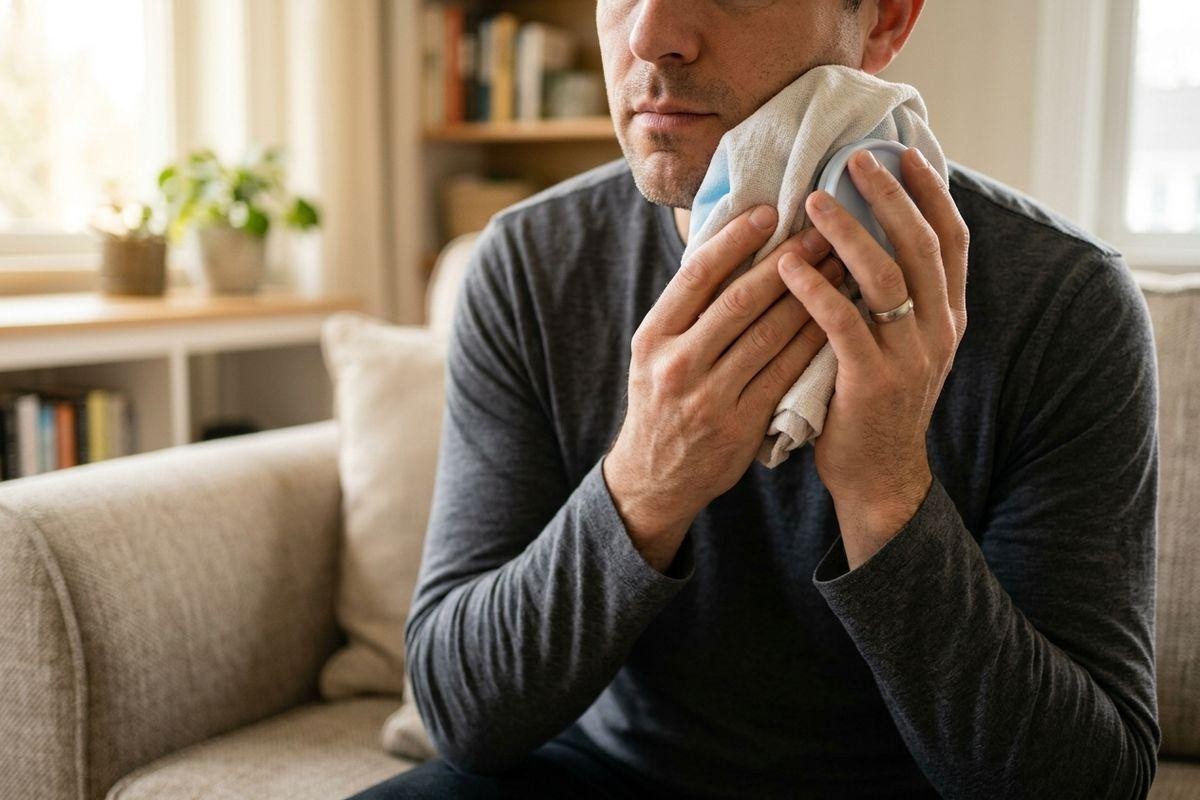 Person sitting on a couch holding a cloth-wrapped ice pack against their cheek.
