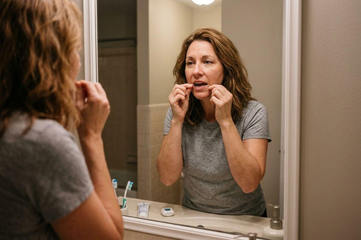 Adult flossing teeth while looking into a bathroom mirror, with toothbrushes, toothpaste and floss container on the counter.
