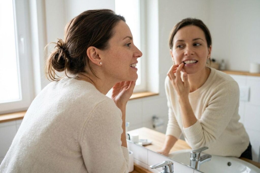 Adult leaning over a bathroom sink, examining teeth and gums in the mirror while touching lower lip with a finger.