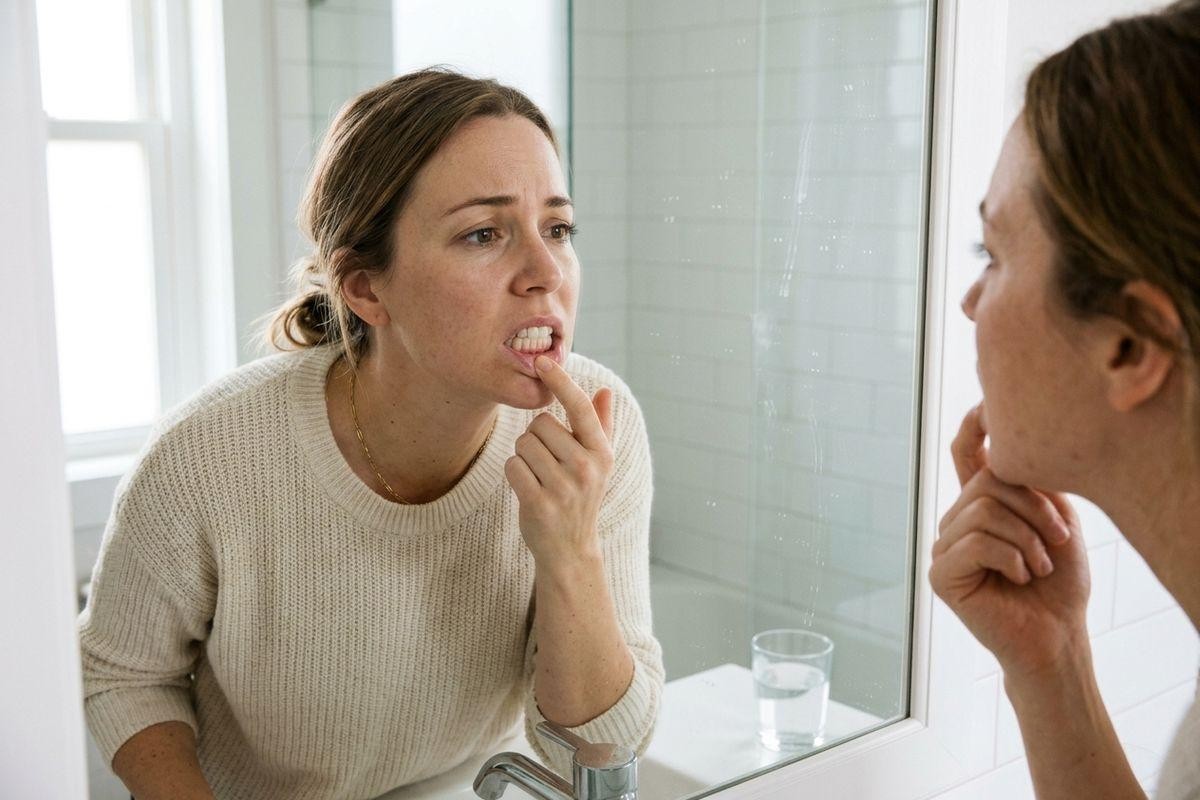 Person in a cream sweater pulling down their lower lip to inspect teeth and gums in a bathroom mirror, looking concerned.